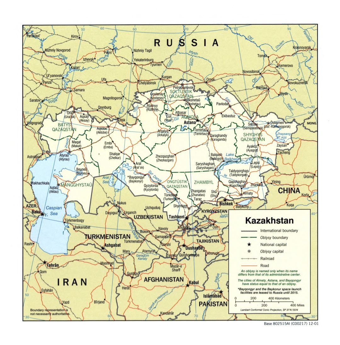 Большая детальная политическая и административная карта Казахстана с дорогами, железными дорогами и крупными городами - 2001