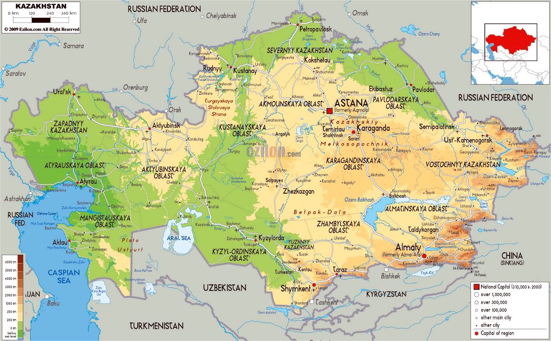 Большая физическая карта Казахстана с дорогами, городами и аэропортами