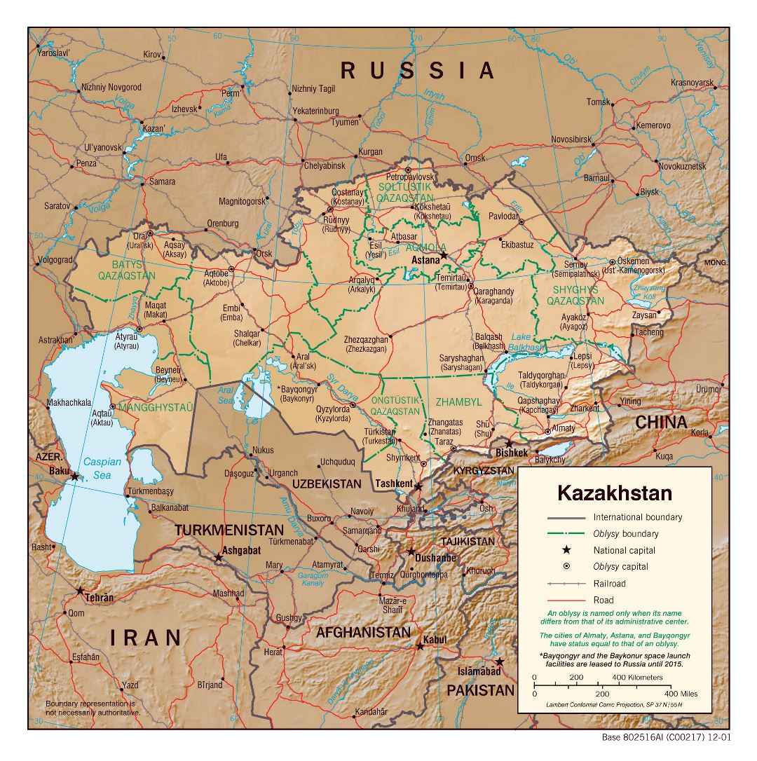Большая политическая и административная карта Казахстана с рельефом, дорогами, железными дорогами и крупными городами - 2001