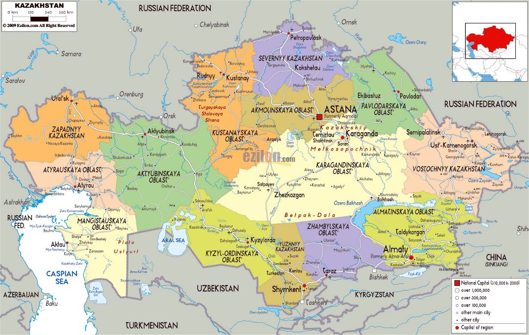 Большая политическая и административная карта Казахстана с дорогами, городами и аэропортами
