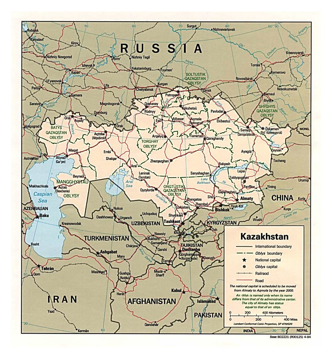 Большая политическая и административная карта Казахстана с дорогами, железными дорогами и крупными городами - 1994