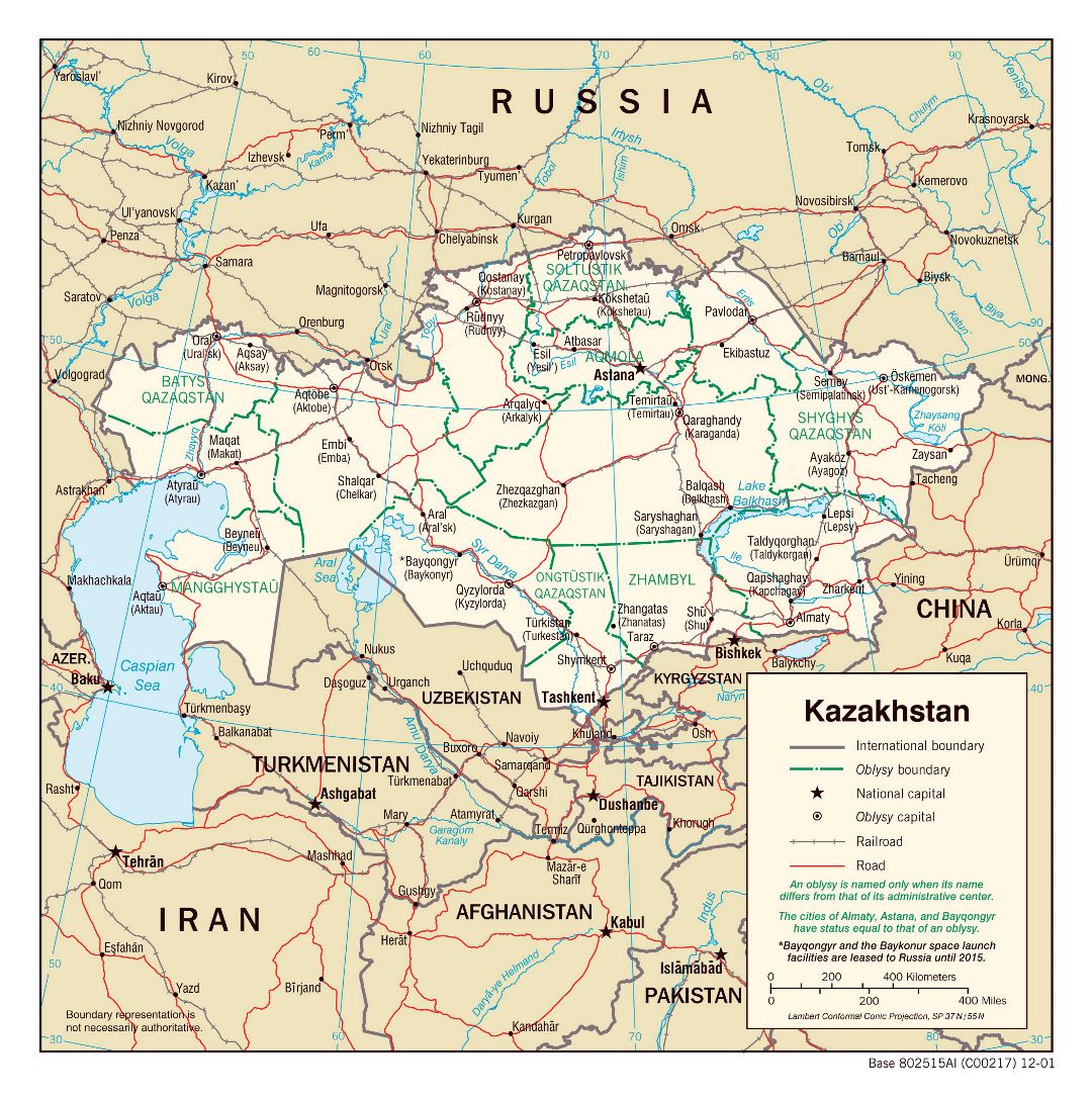 Большая политическая и административная карта Казахстана с дорогами, железными дорогами и крупными городами - 2001