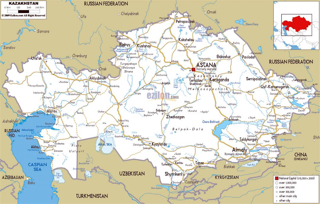 Большая карта дорог Казахстана с городами и аэропортами