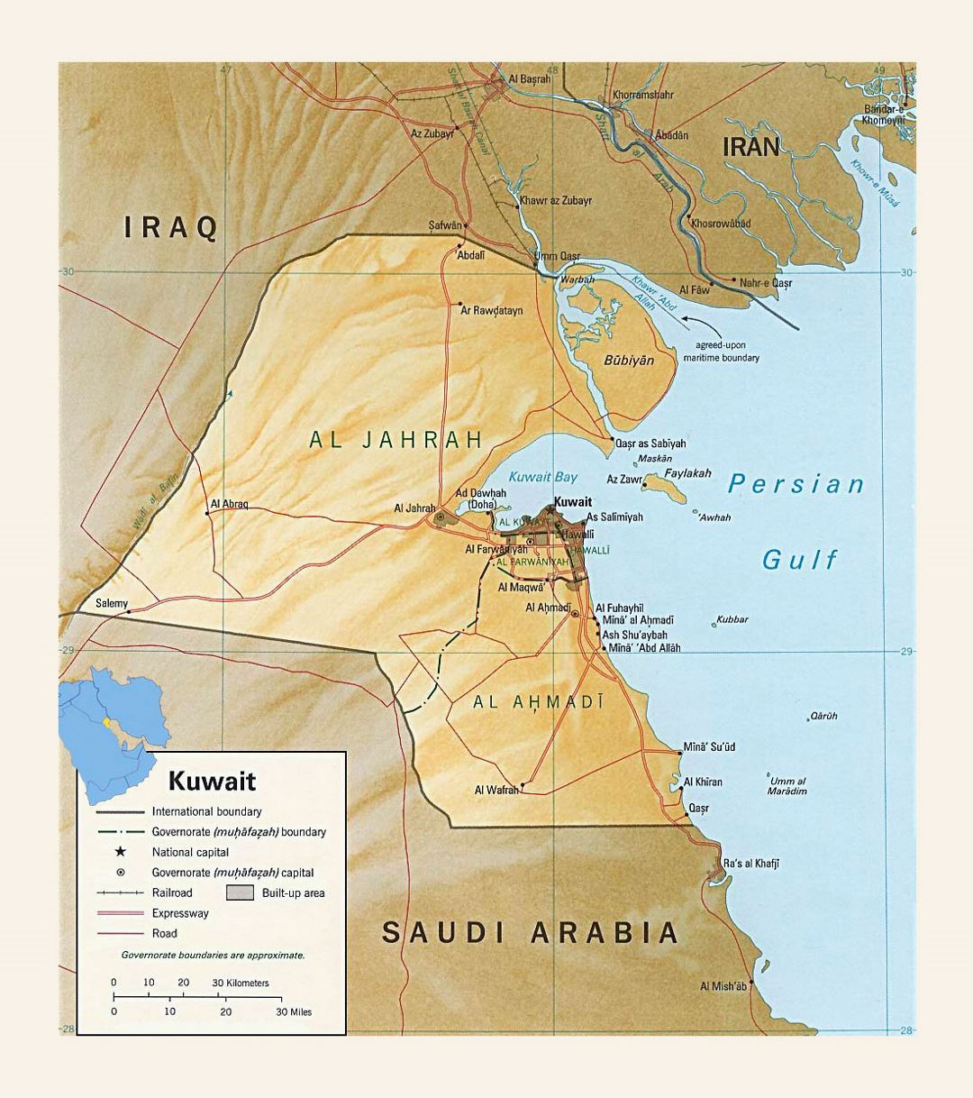 Детальная политическая и административная карта Кувейта с рельефом