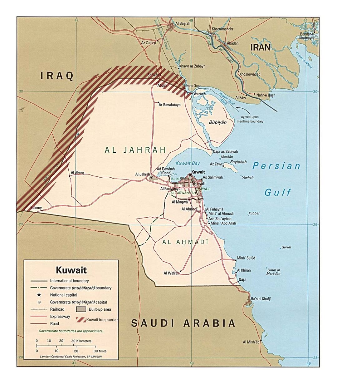 Детальная политическая карта Кувейта с Кувейтско-Иракским барьером