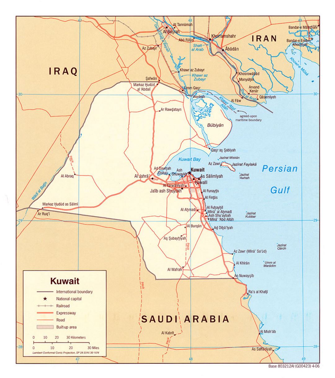 Детальная политическая карта Кувейта с дорогами, железными дорогами и городами - 2006
