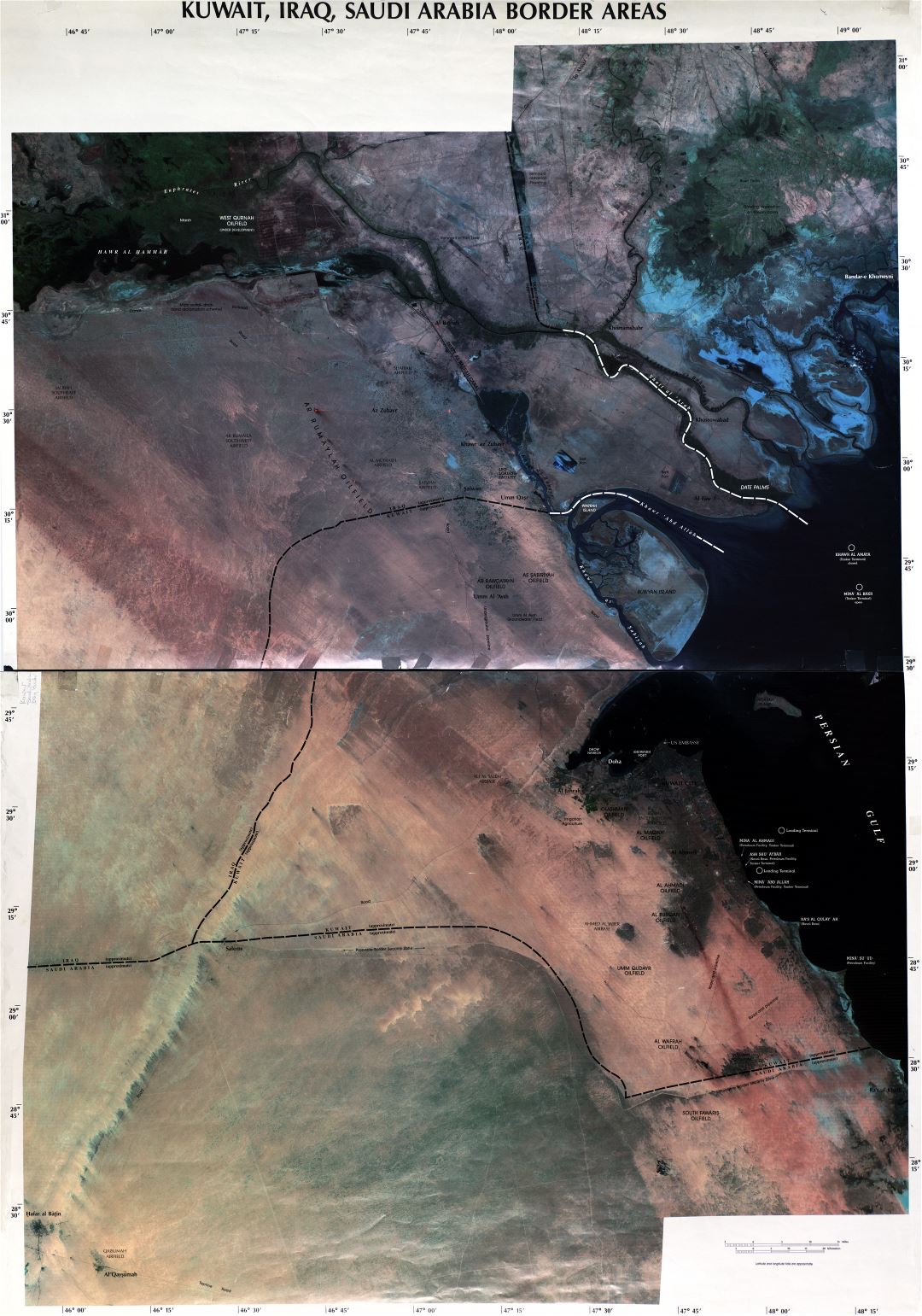 Большая детальная спутниковая карта приграничных районов Кувейта, Ирака и Саудовской Аравии - 2003