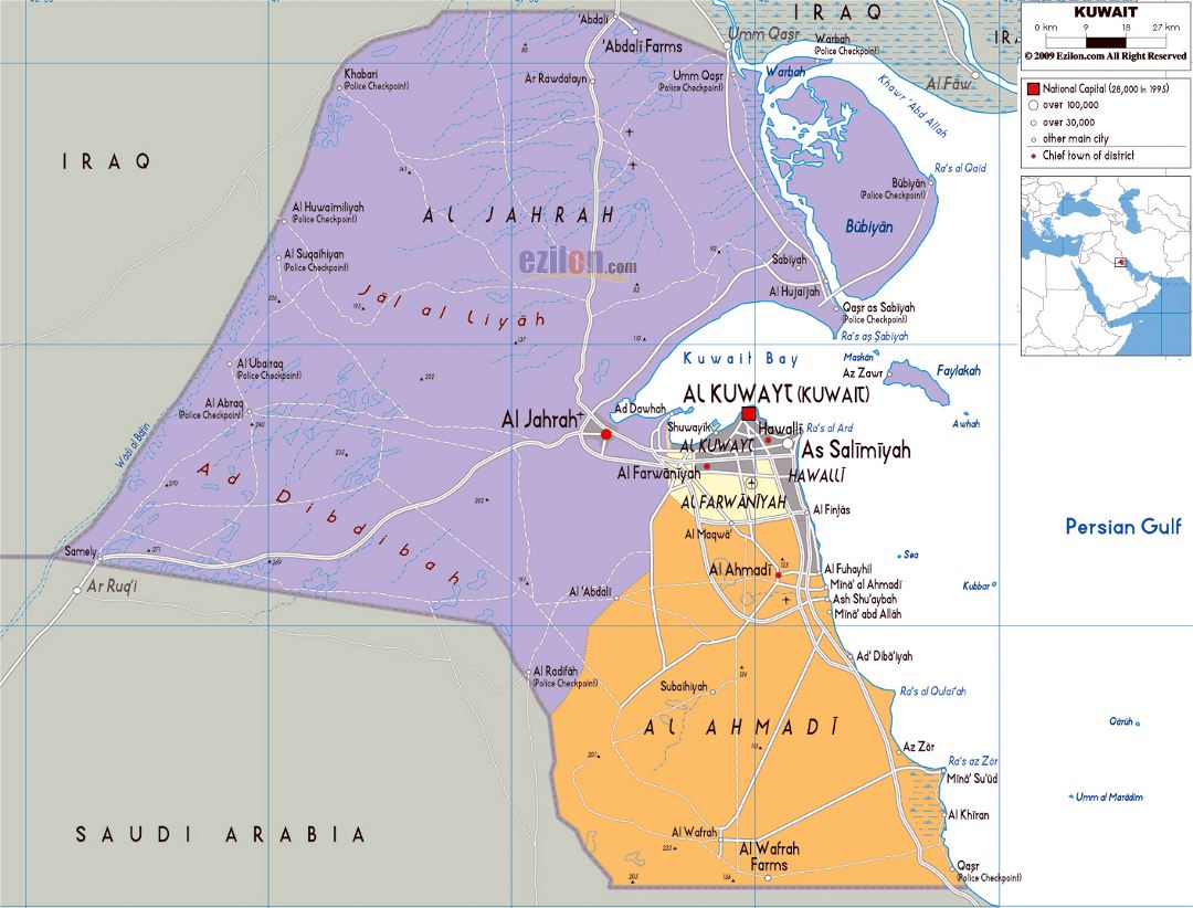 Большая политическая и административная карта Кувейта с дорогами, городами и аэропортами