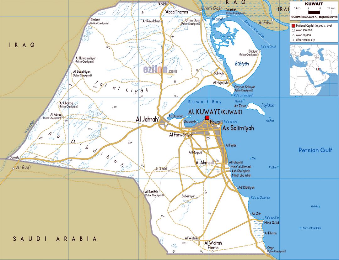 Большая карта дорог Кувейта с городами и аэропортами