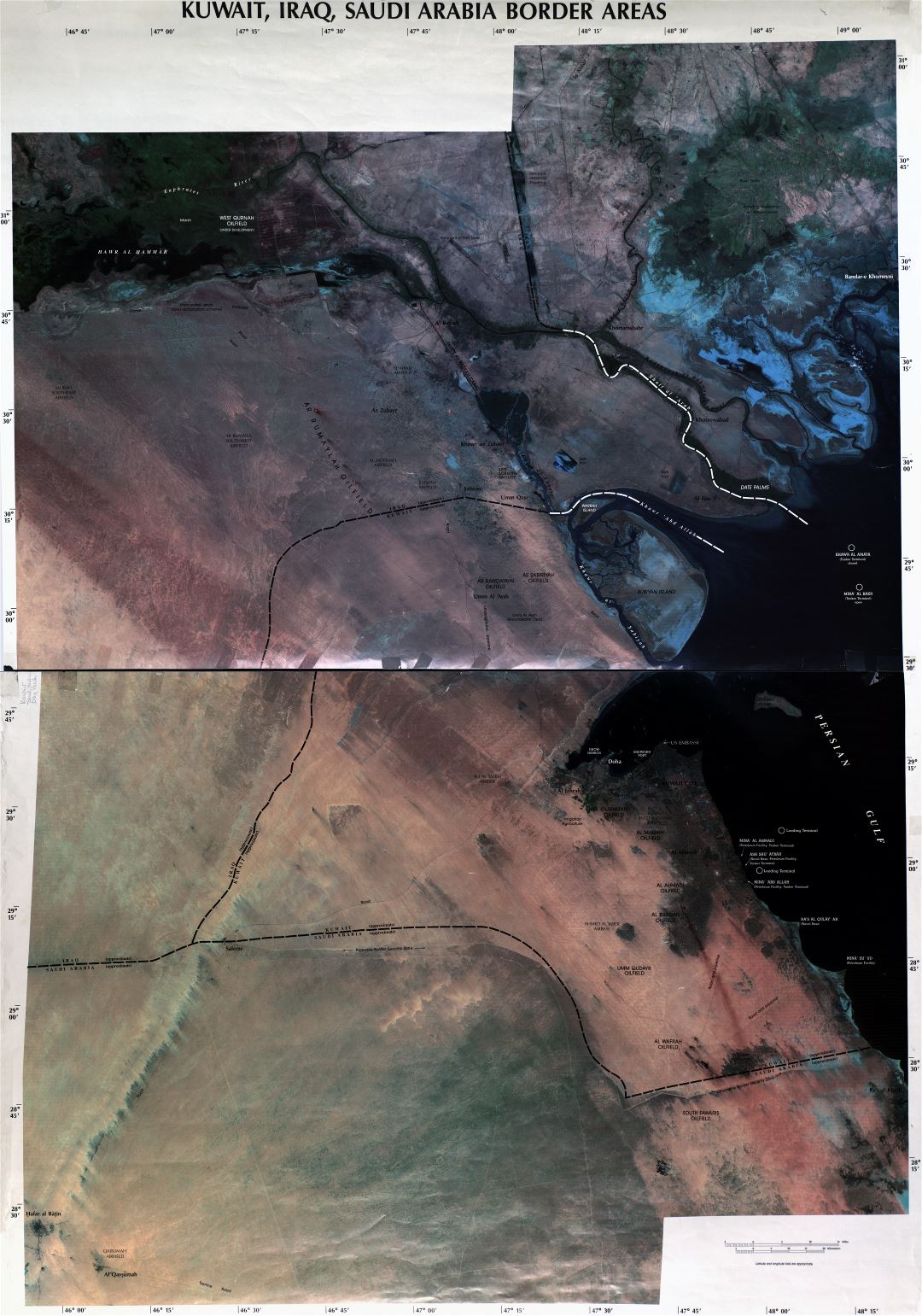 Крупномасштабная детальная спутниковая карта приграничных районов Кувейта, Ирака и Саудовской Аравии - 2003