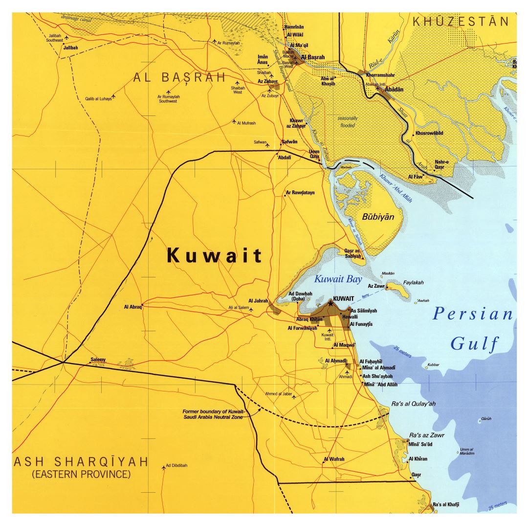 Крупномасштабная карта Кувейта с дорогами, городами и аэропортами