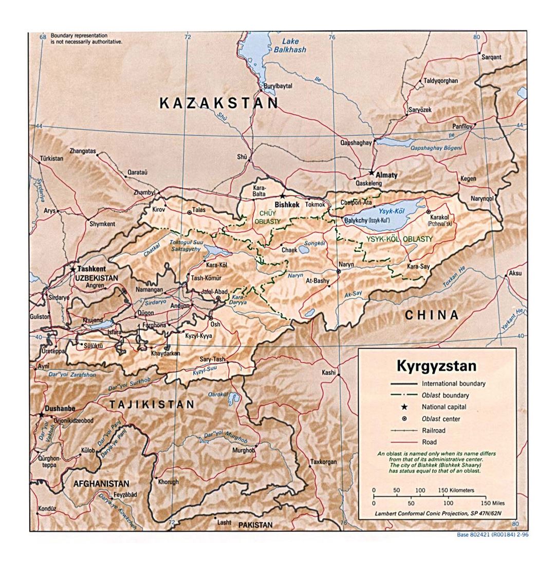 Детальная политическая и административная карта Кыргызстана с рельефом, дорогами, железными дорогами и крупными городами - 1996