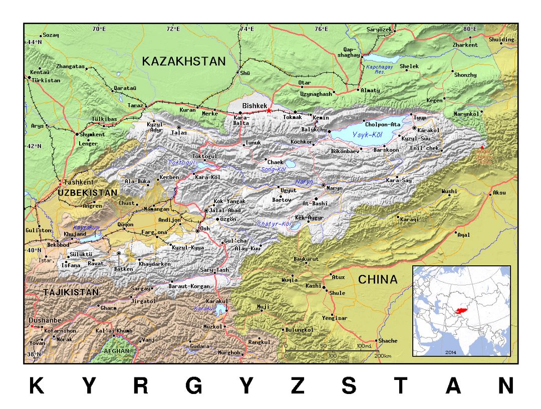 Детальная политическая карта Кыргызстана с рельефом