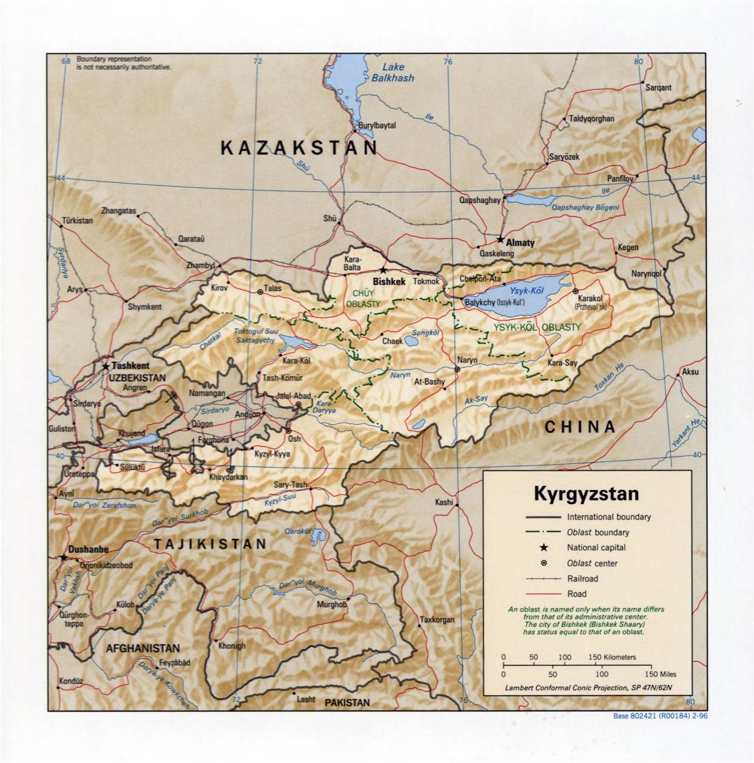 Большая детальная политическая и административная карта Кыргызстана с рельефом, дорогами, железными дорогами и крупными городами - 1996