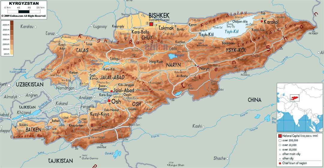 Большая физическая карта Кыргызстана с дорогами, городами и аэропортами