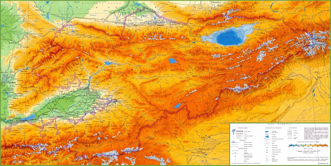 Крупномасштабная физическая карта Кыргызстана с другими пометками