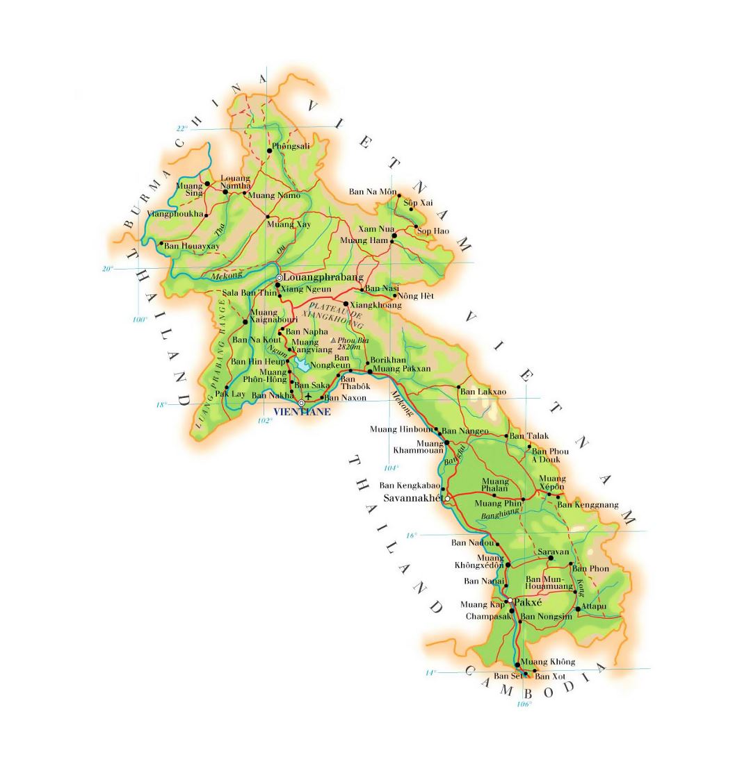 Детальная карта высот Лаоса с дорогами, городами и аэропортами