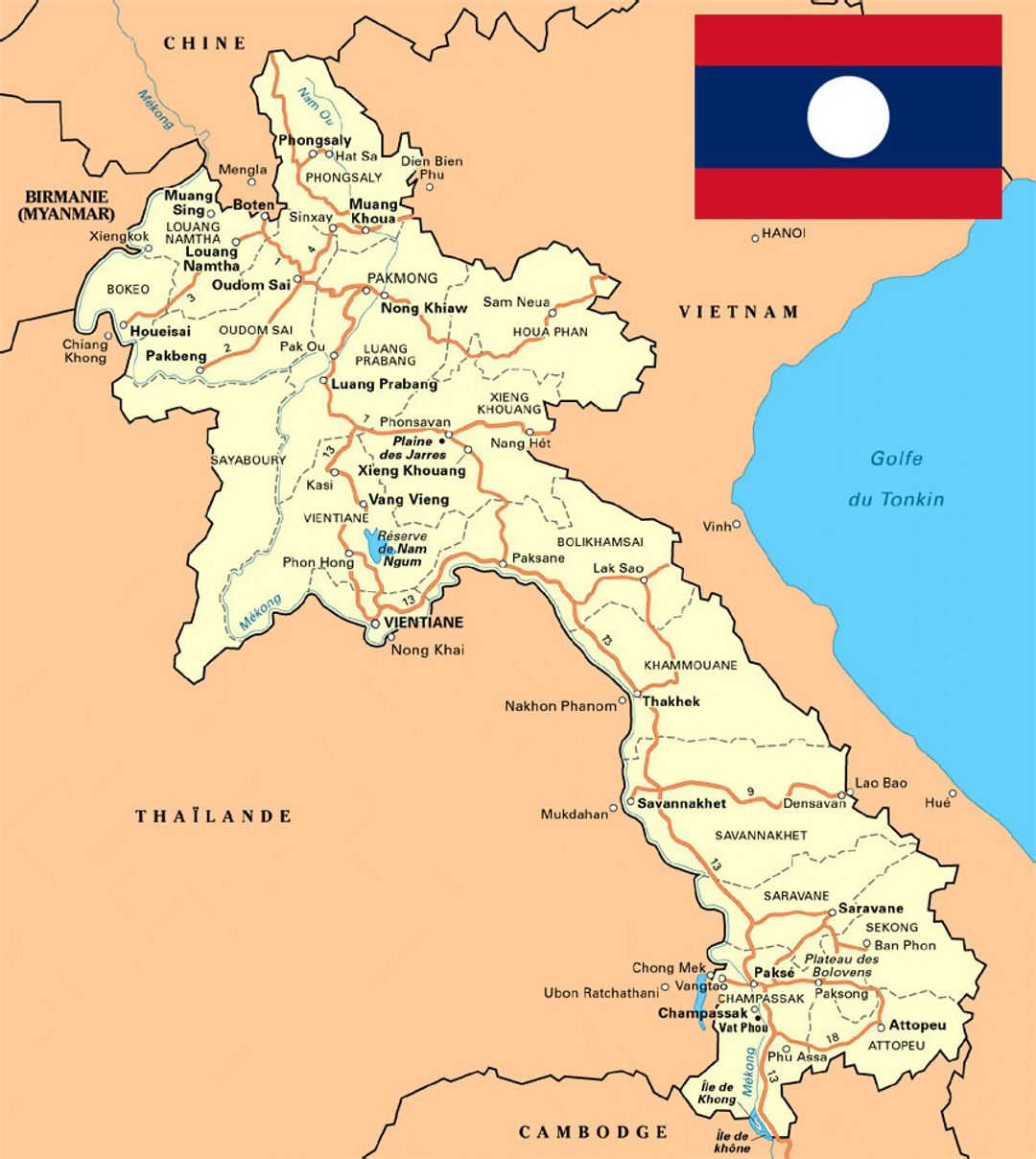 Детальная карта Лаоса с дорогами, городами и другими пометками