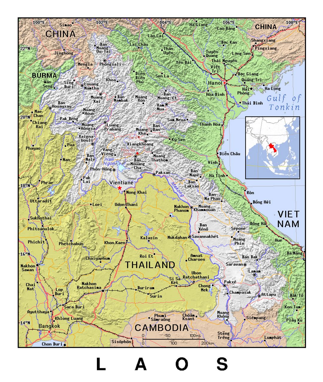 Детальная политическая карта Лаоса с рельефом