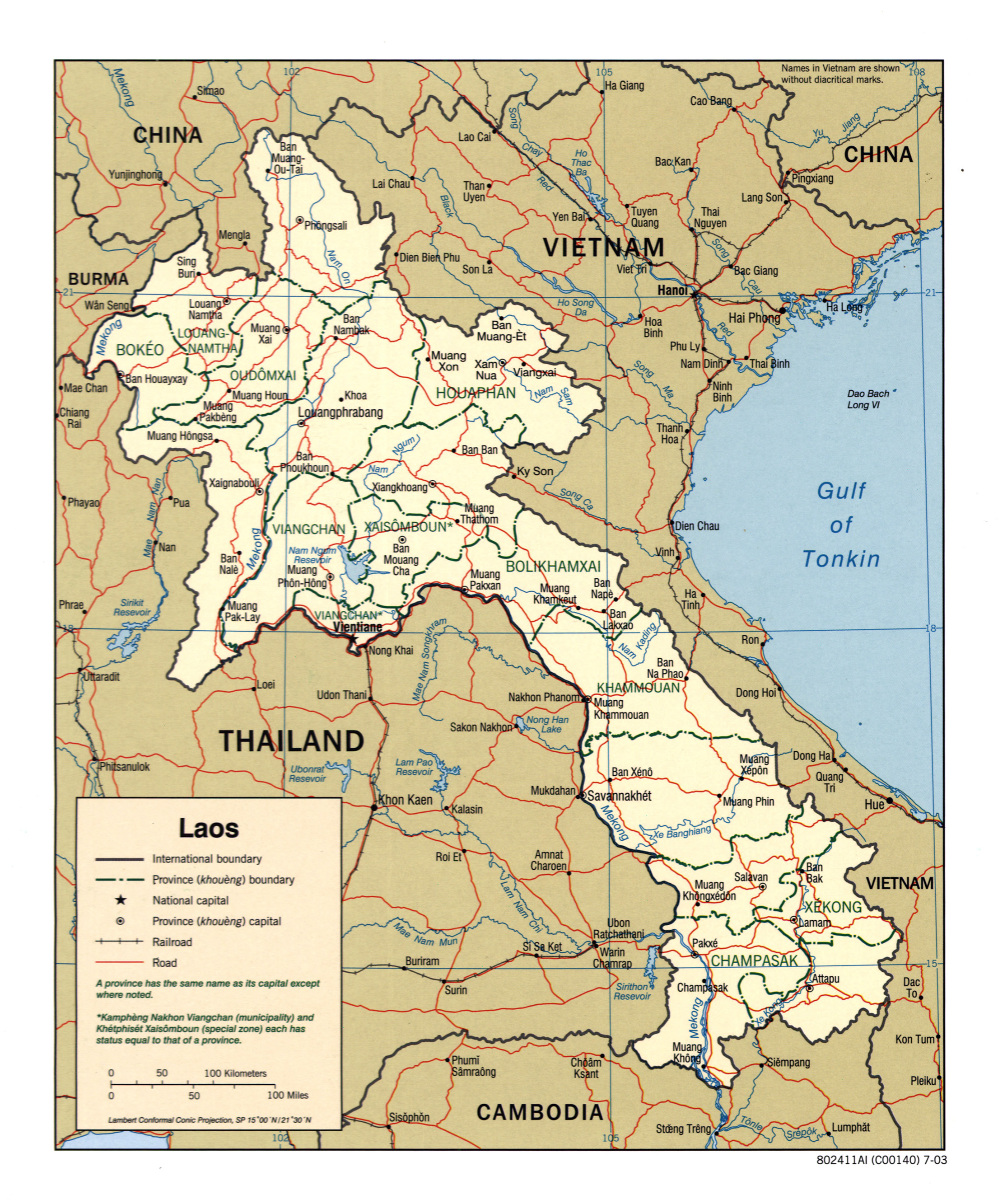 Large Detailed Political And Administrative Map Of Laos With Roads Railroads And Major Cities 2003 
