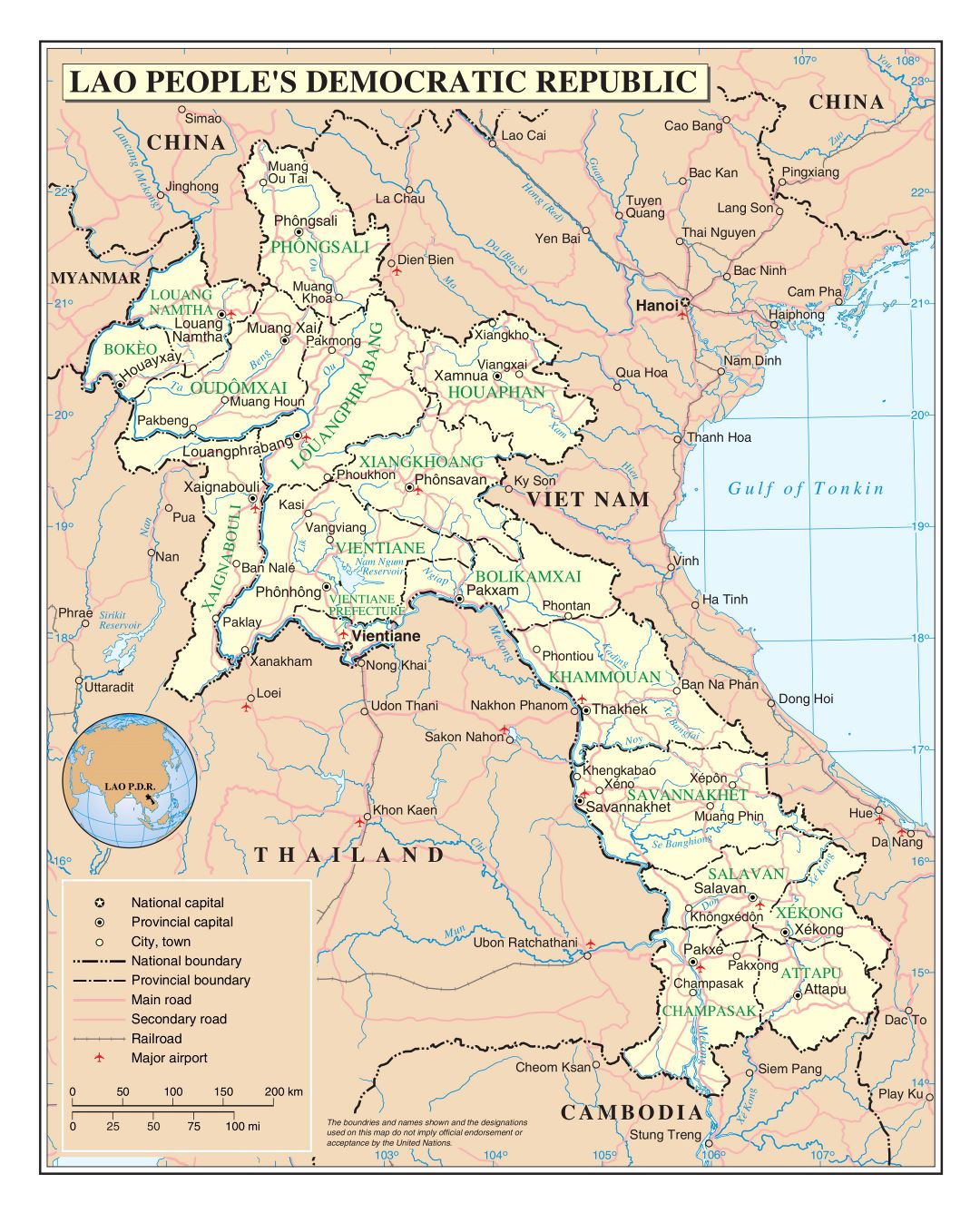 Большая детальная политическая и административная карта Лаоса с дорогами, железными дорогами, городами и аэропортами