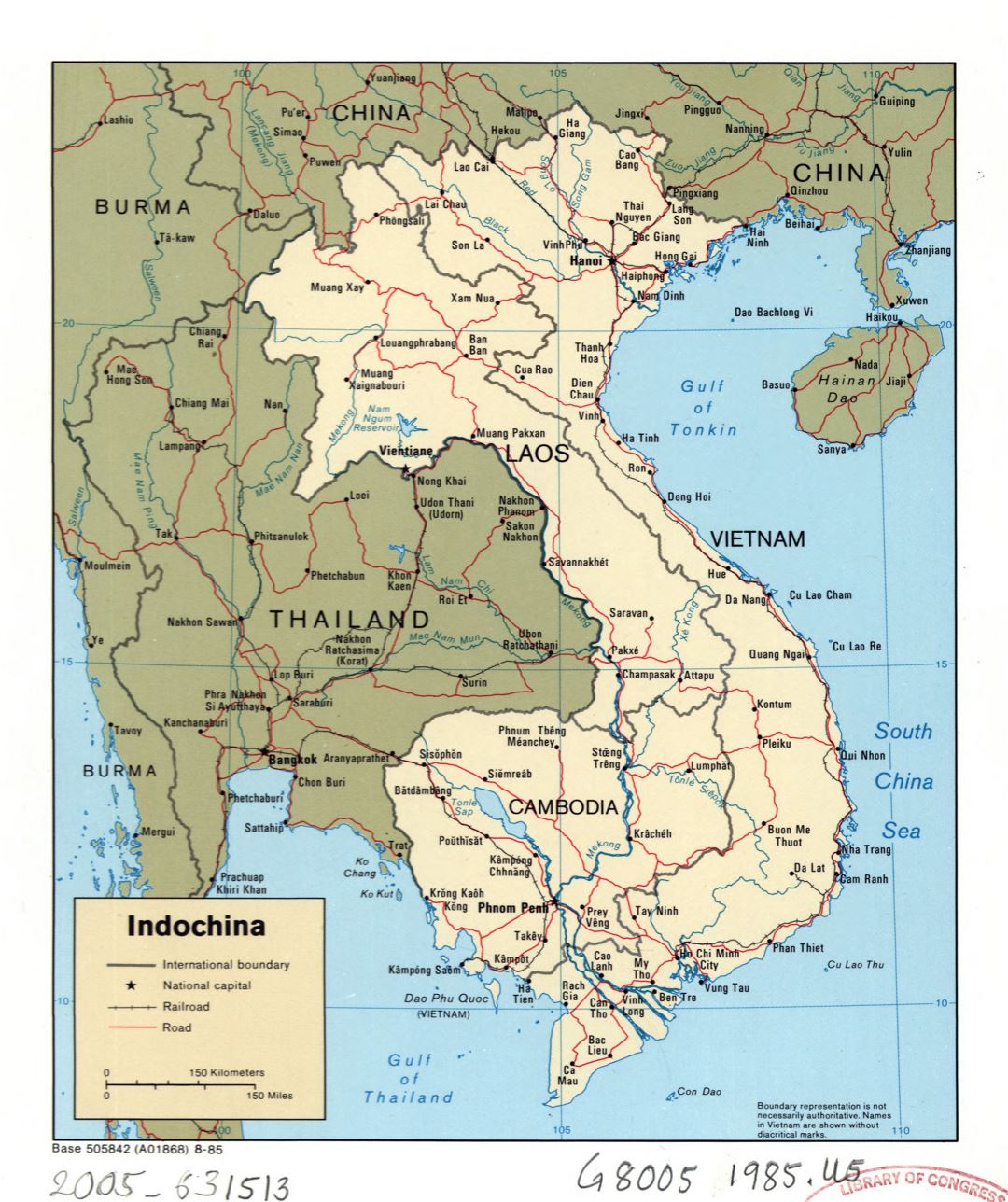 Большая детальная политическая карта Индокитая с дорогами, железными дорогами и крупными городами - 1985