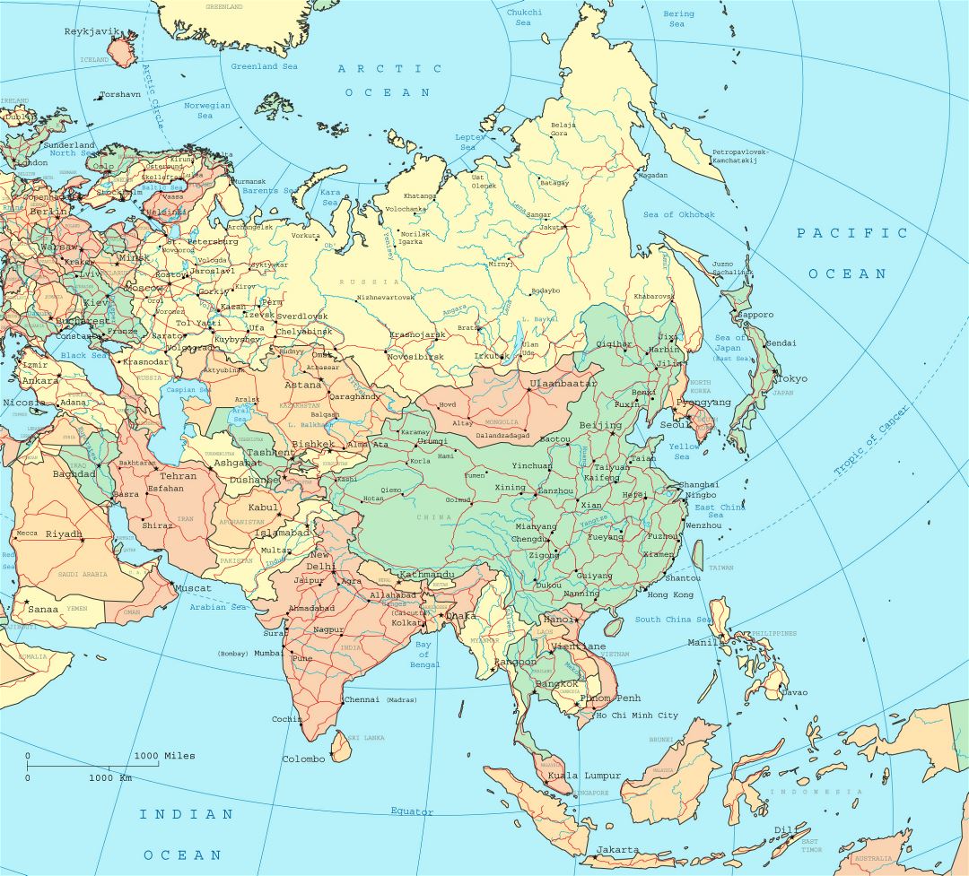 Большая детальная политическая карта Азии со всеми столицами стран, крупными городами и дорогами
