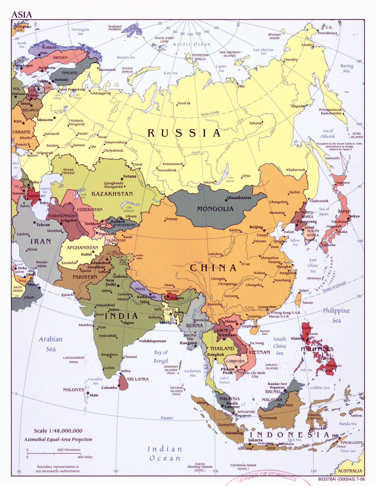 Большая подробная политическая карта Азии с крупными городами и столицами -2008