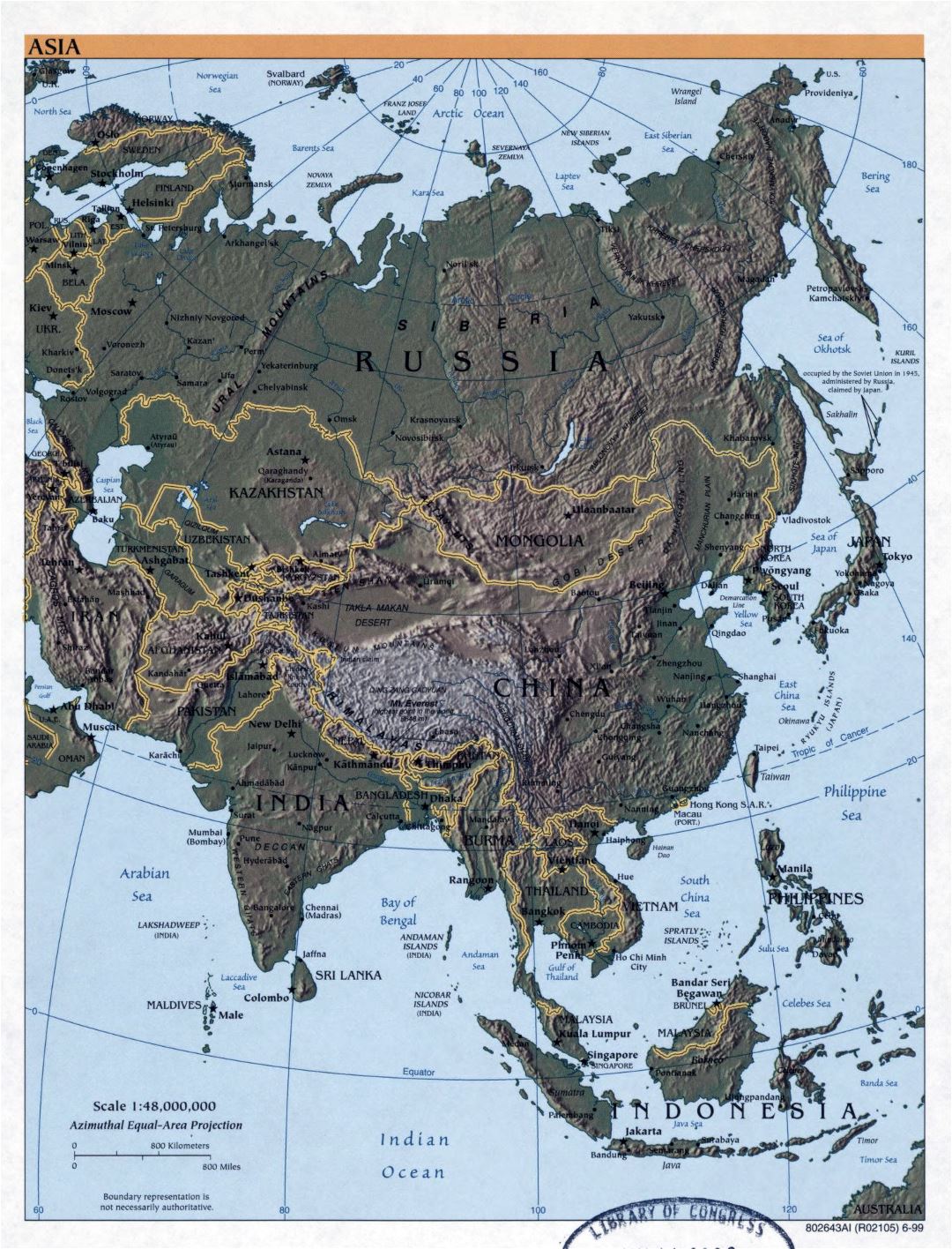 Большая подробная политическая карта Азии с рельефом и столицами - 1999