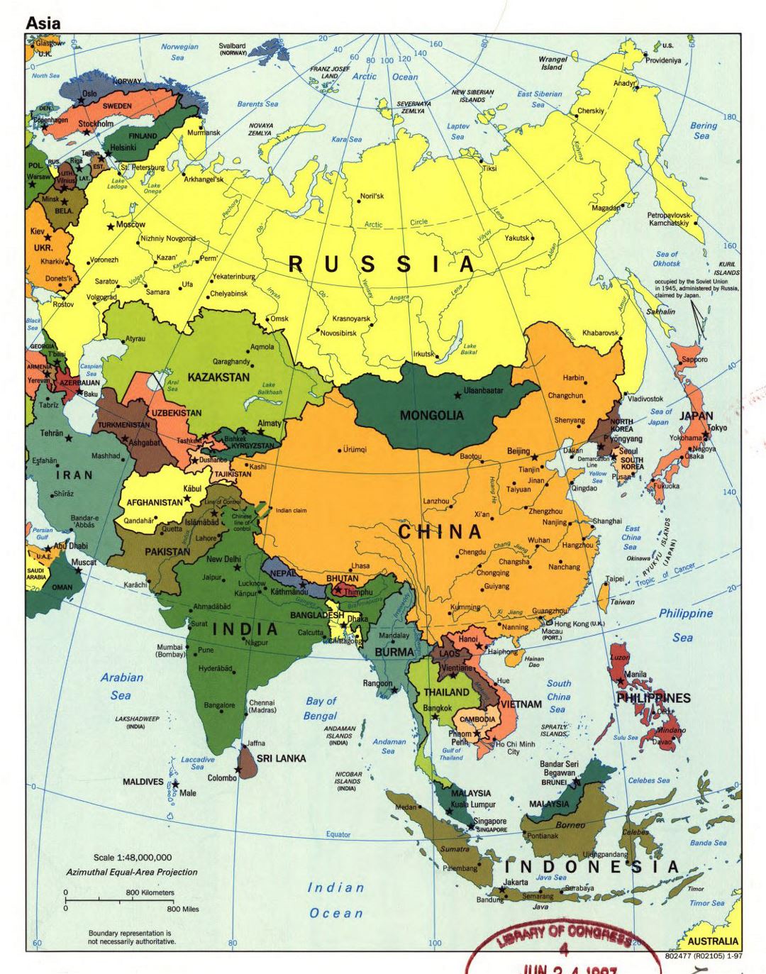 Большая политическая карта Азии с крупными городами и столицами стран - 1997