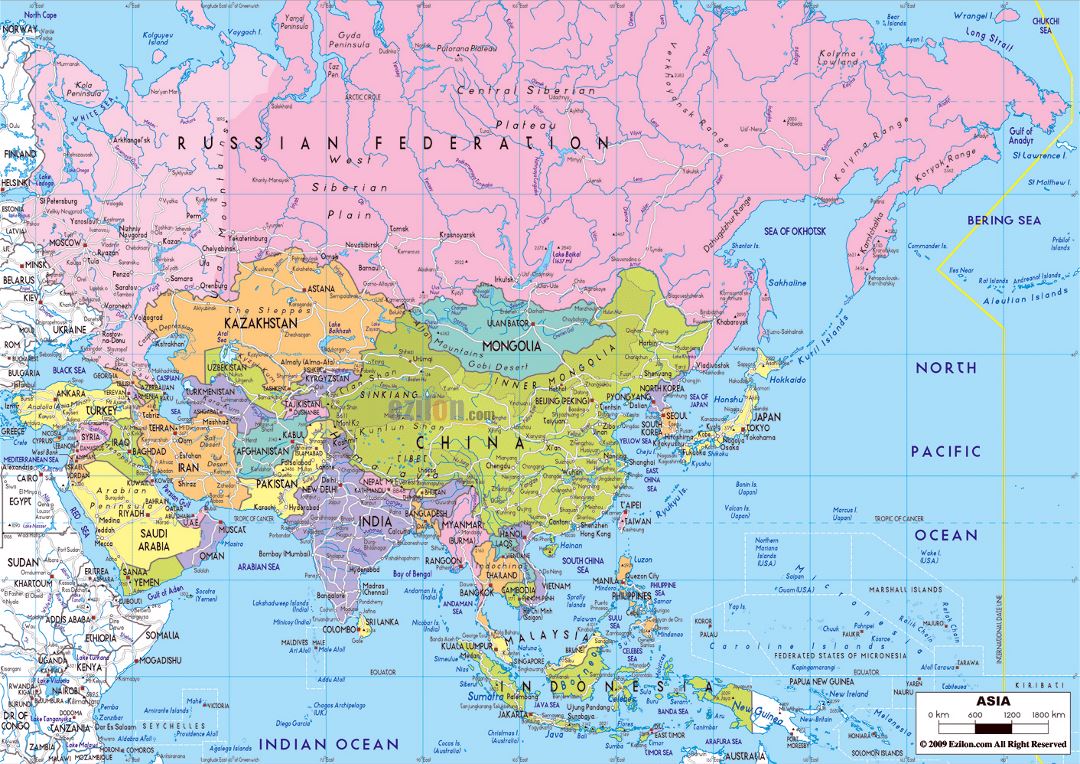 Большая политическая карта Азии с крупными автодорогами и большими городами