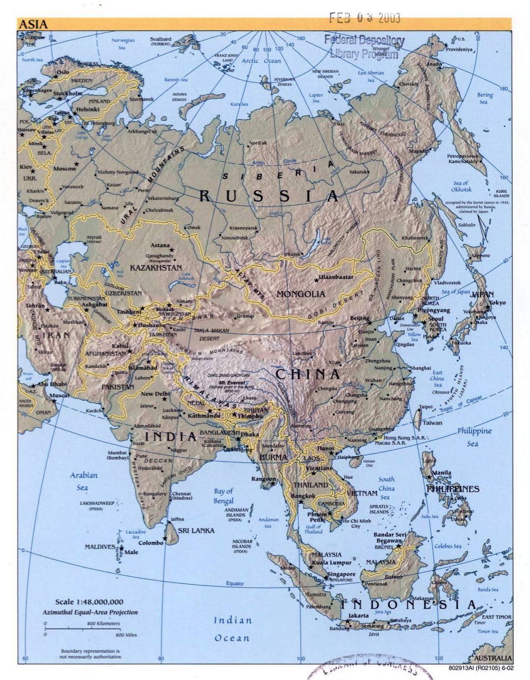 Большая политическая карта Азии с рельефом, крупными городами и столицами - 2002