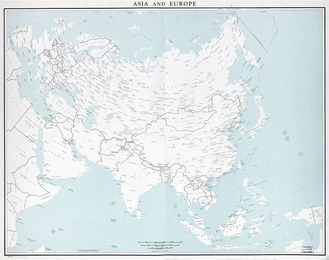 Крупномасштабная подробная политическая карта Азии и Европы с крупными городами - 1967