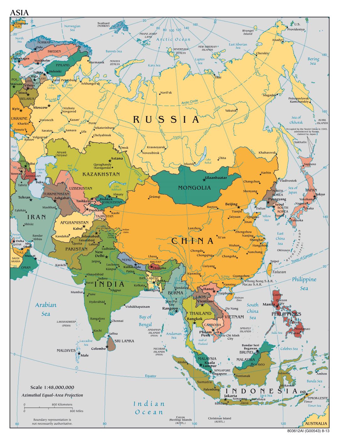 Крупноформатная политическая карта Азии с большими городами и столицами - 2013