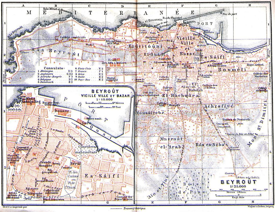 Детальная старая карта города Бейрута - 1912