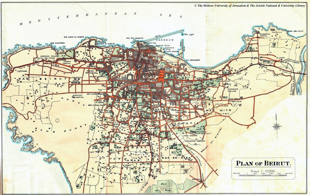 Большая детальная старая карта города Бейрута со зданиями - 1923