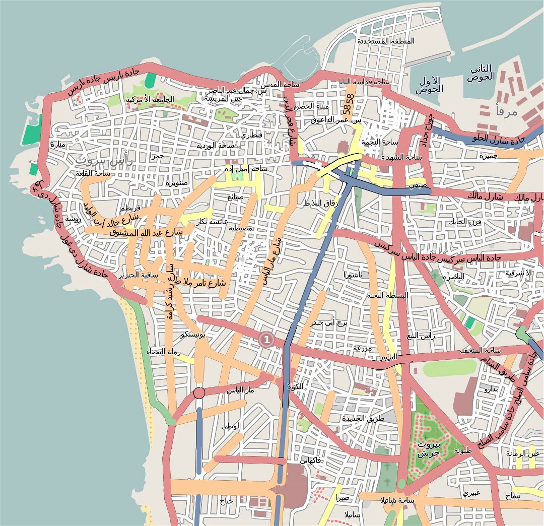 Большая детальная карта дорог центральной части города Бейрута