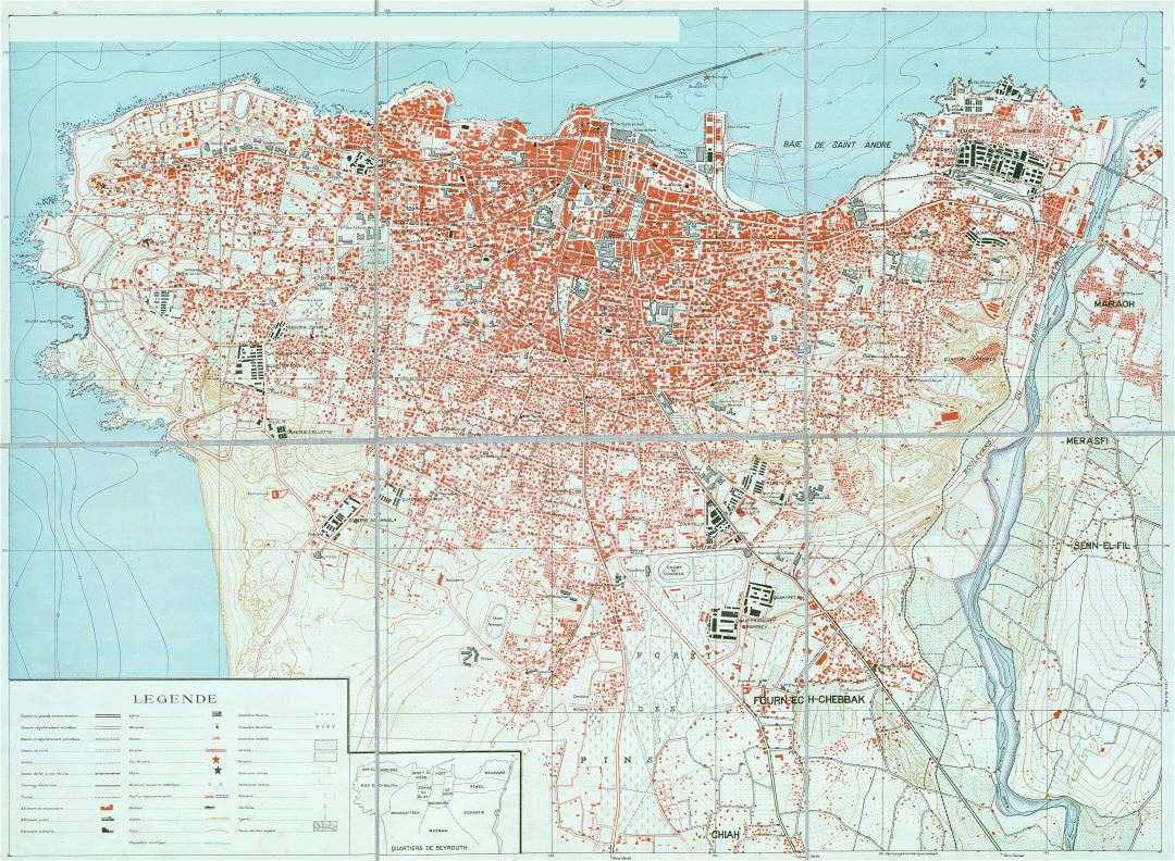 Большая старая карта города Бейрут со зданиями - 1936