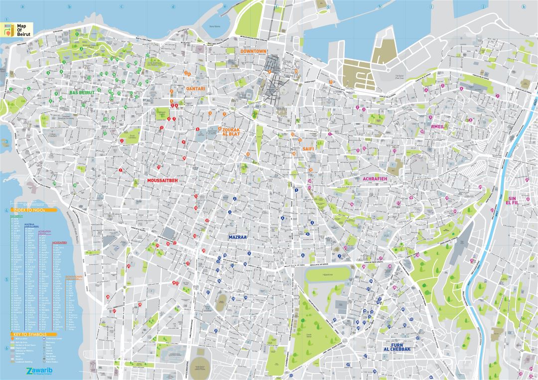 Крупномасштабная карта дорог города Бейрут с названиями улиц