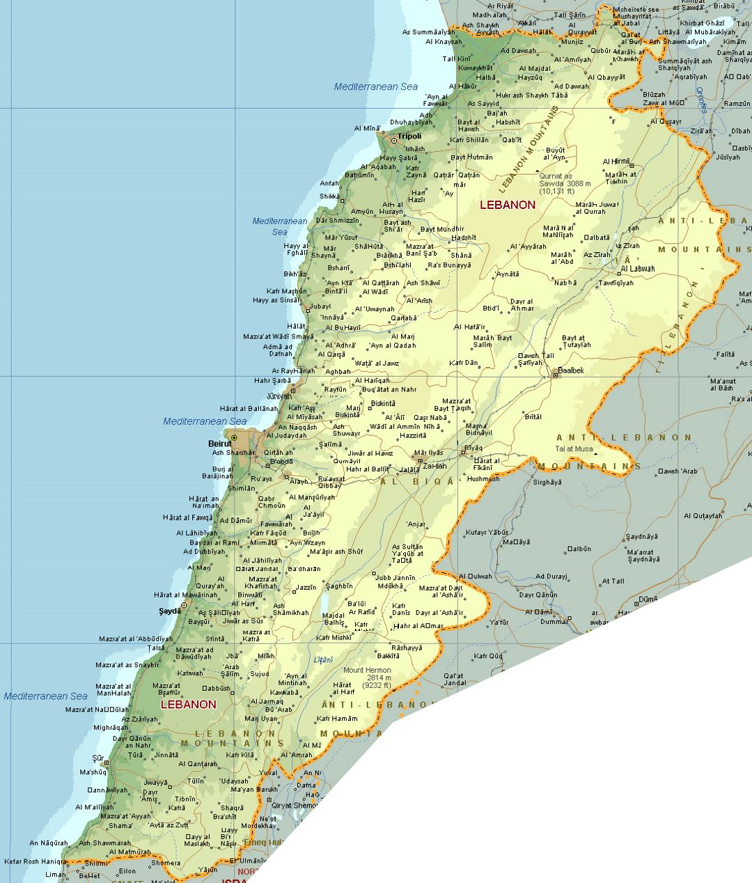 Детальная карта высот Ливана с дорогами, железными дорогами и всеми городами