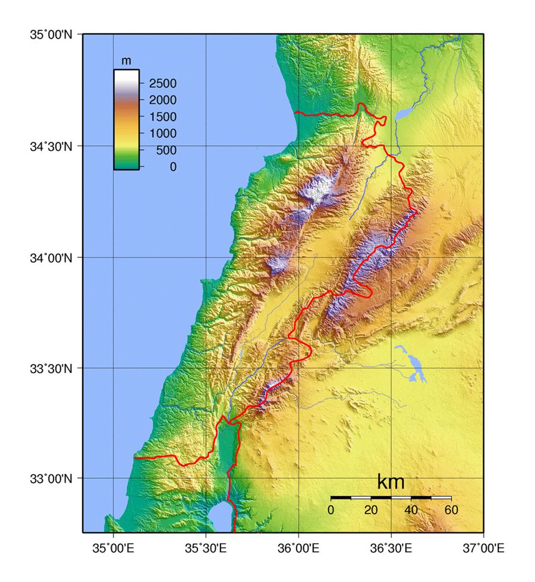Детальная физическая карта Ливана