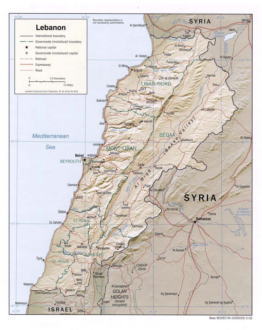 Детальная политическая и административная карта Ливана с рельефом, дорогами, железными дорогами и крупными городами - 2002