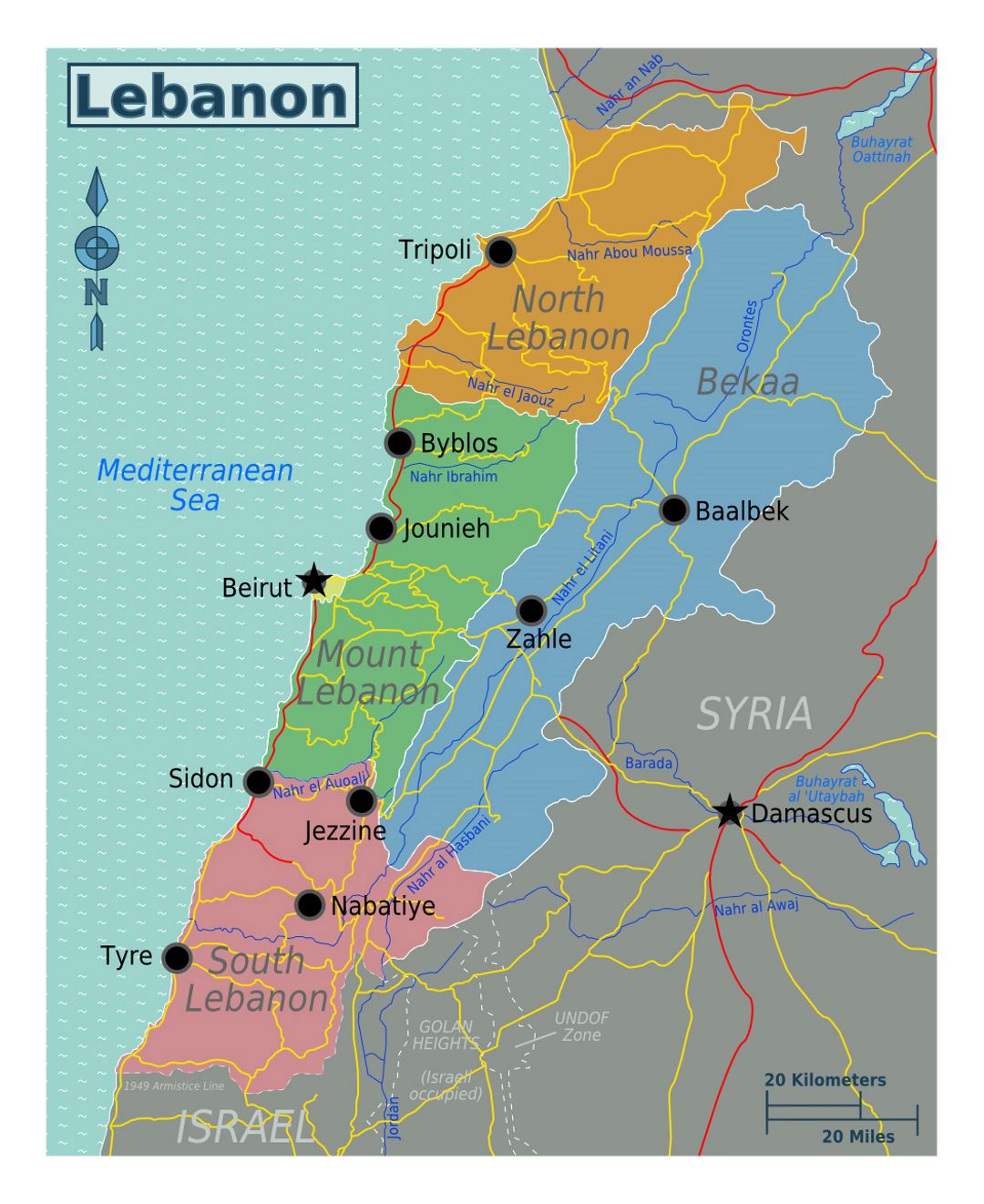 Детальная карта регионов Ливана