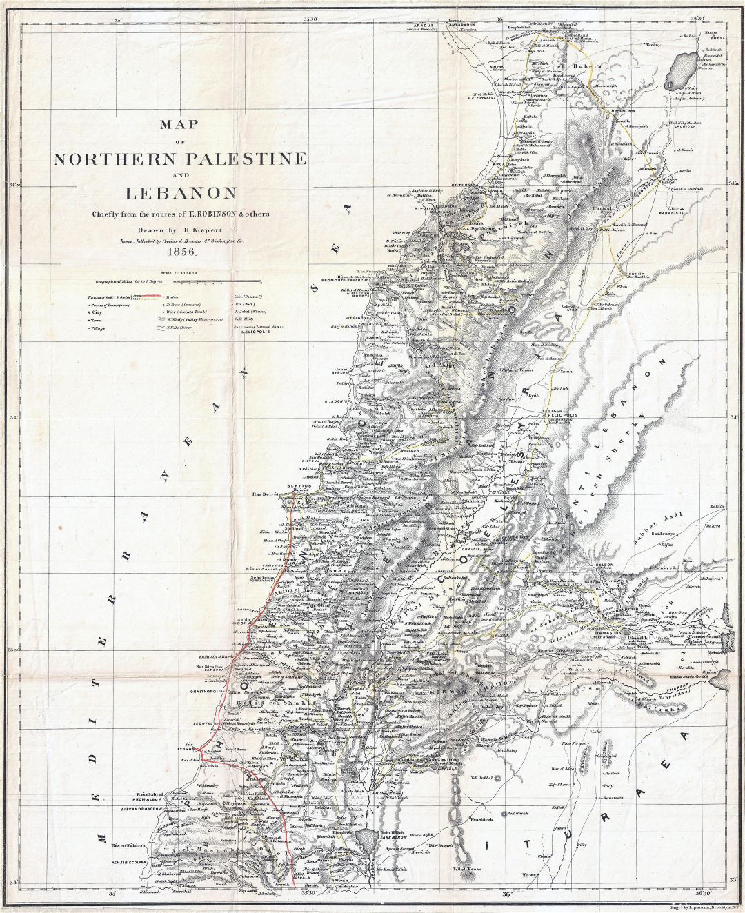 Большая детальная старая карта Северной Палестины и Ливана - 1856
