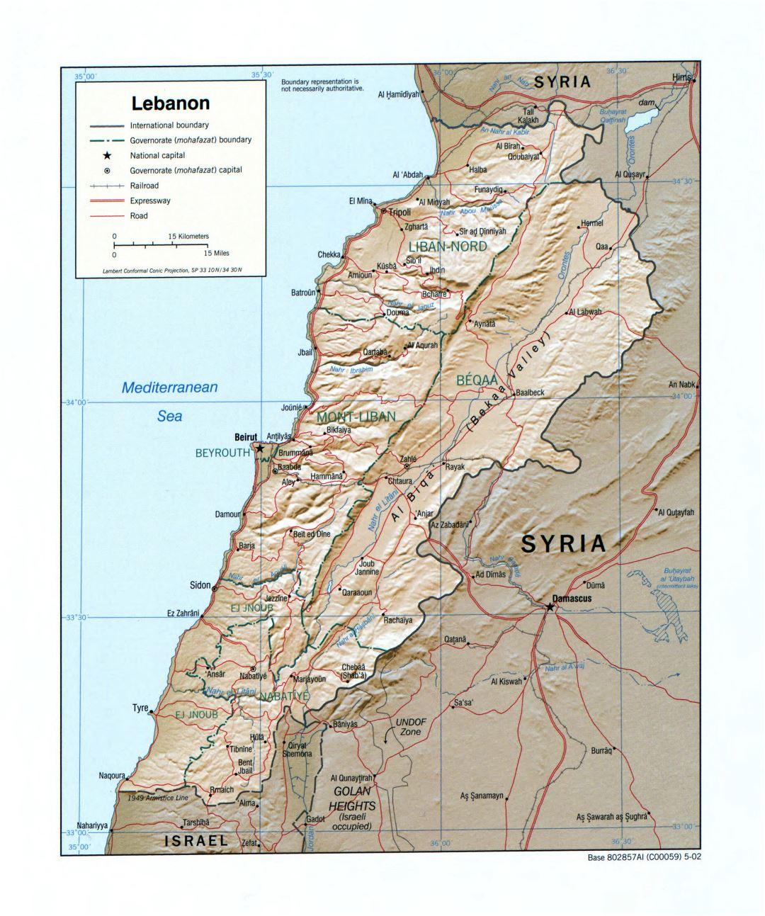 Большая детальная политическая и административная карта Ливана с рельефом, дорогами, железными дорогами и крупными городами - 2002