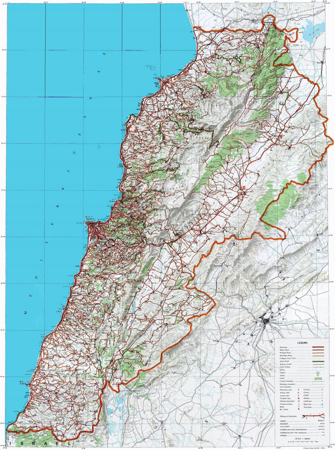 Большая детальная топографическая карта Ливана с другими пометками