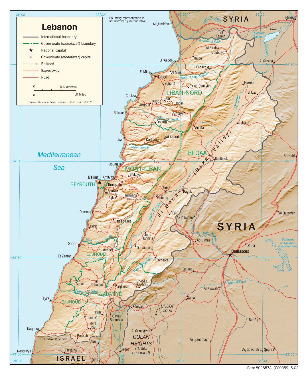 Большая политическая и административная карта Ливана с рельефом, дорогами, железными дорогами и крупными городами - 2002