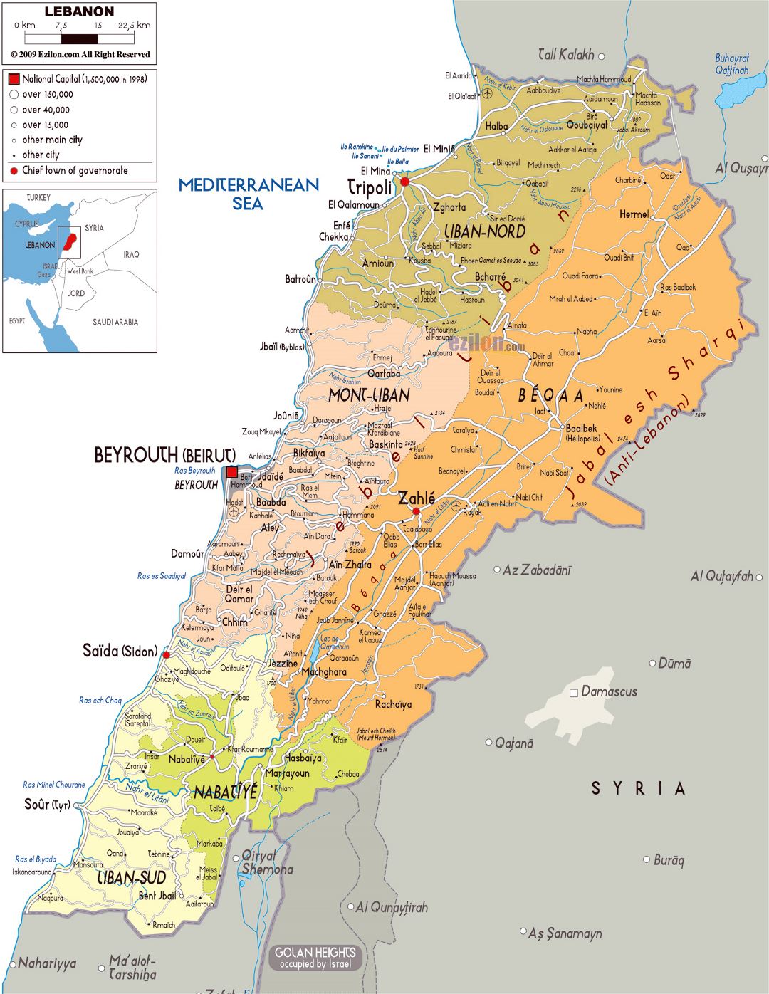 Большая политическая и административная карта Ливана с дорогами, городами и аэропортами