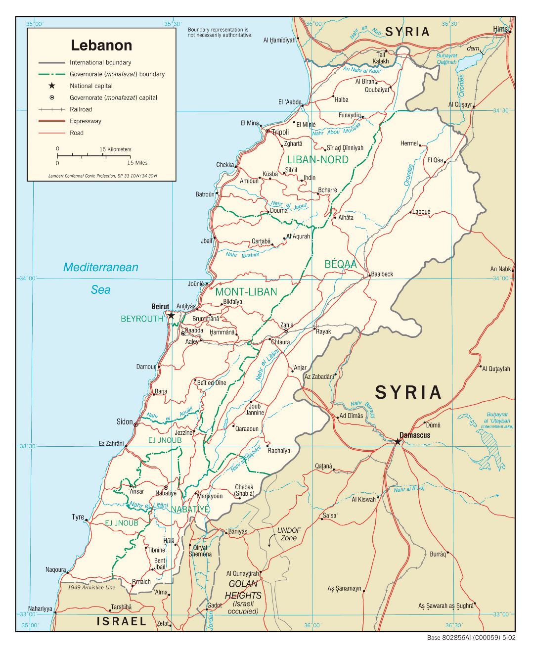 Большая политическая и административная карта Ливана с дорогами, железными дорогами и крупными городами - 2002