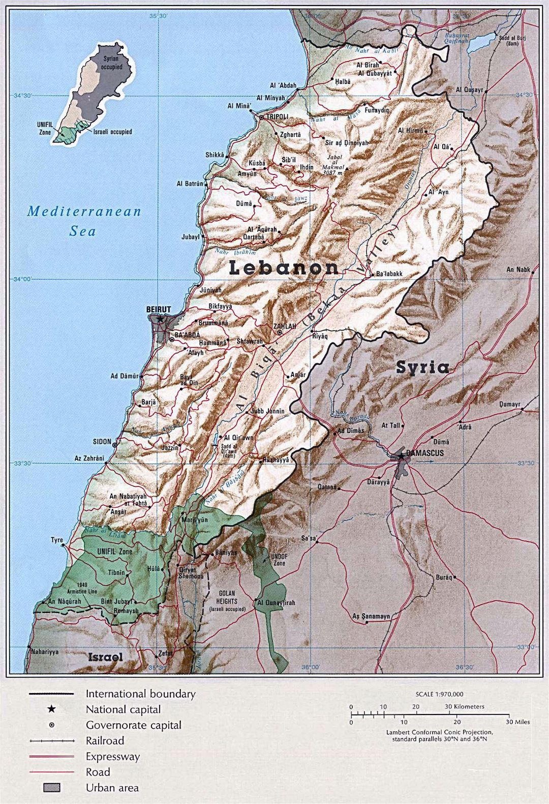 Большая политическая карта Ливана с рельефом, дорогами, железными дорогами и городами - 1993
